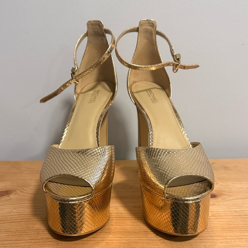 Michael Kors Gold Snake Print Platform Heels - Picture 2 of 5